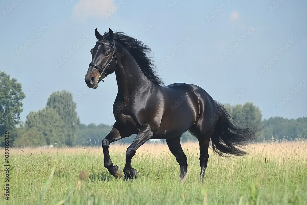 Obraz premium Majestic black horse galloping in a vibrant green meadow under a bright blue sky, embodying freedom, strength, and natural beauty in a serene countryside setting