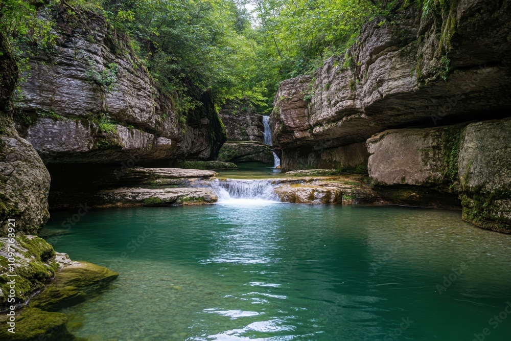 Serene river surrounded by lush greenery and rugged cliffs in a tranquil forest setting Serene river surrounded by lush greenery and rugged cliffs in a tranquil forest setting