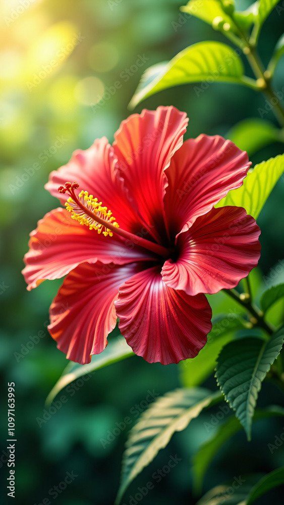Obraz premium Vivid red hibiscus flower in full bloom amidst lush green foliage