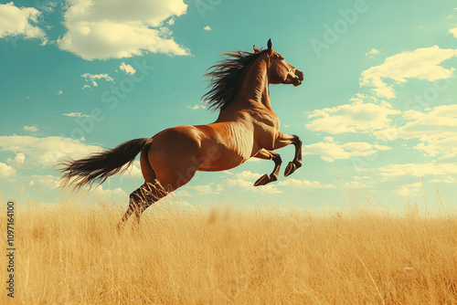 Majestic black horse running gracefully in a vibrant green field under a clear blue sky, perfect for equestrian, nature, and countryside themes photo