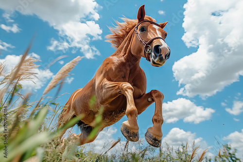 Majestic black horse running gracefully in a vibrant green field under a clear blue sky, perfect for equestrian, nature, and countryside themes photo