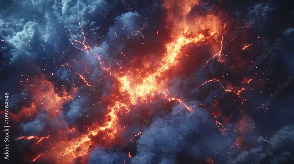 Realistic explosion effect in industrial setting, showcasing a dramatic cloud of smoke and fire. perfect for action and science themes. Electric Firestorm Clouds. Illustration Realistic explosion effect in industrial setting, showcasing a dramatic cloud of smoke and fire. perfect for action and science themes. Electric Firestorm Clouds. Illustration