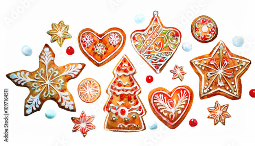 Watercolor illustration of festive gingerbread cookies in various shapes like stars, trees, and hearts, decorated with colorful icing, perfect for the holiday season.