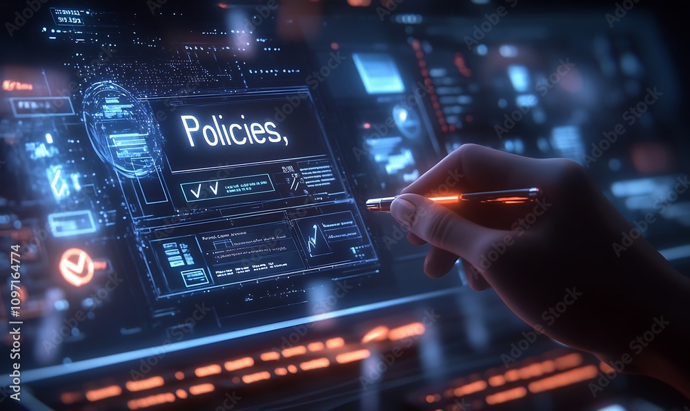 Policy documentation and compliance concept. A person reviews digital document labeled Policy documentation and compliance concept. A person reviews digital document labeled