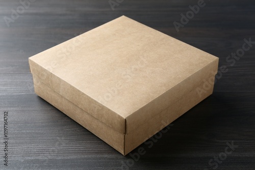 One blank cardboard box on wooden background. Mockup for design