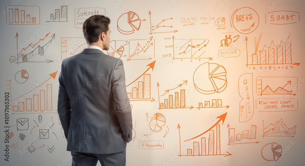 Businessman analyzing data visualizations on wall with creative charts and graphs Businessman analyzing data visualizations on wall with creative charts and graphs