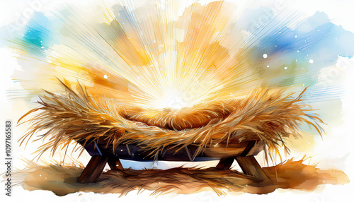 A glowing watercolor depiction of the manger in soft beige and gold tones, surrounded by a warm, peaceful glow, evoking the serene atmosphere of the nativity scene.