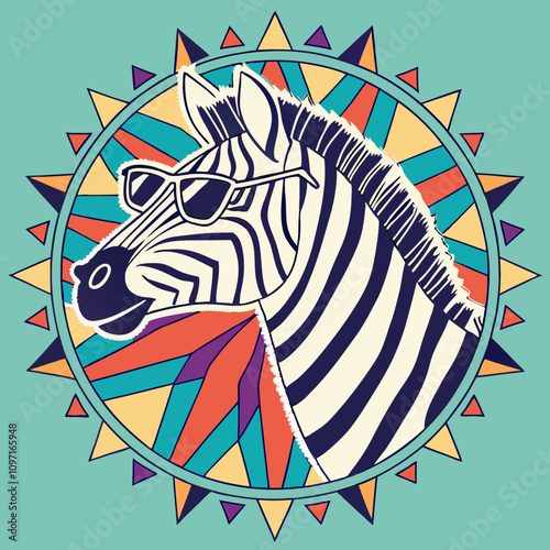 Retro Vector Illustration of a Cool Zebra in Sunglasses Vibrant Mandala Background Graphic Art