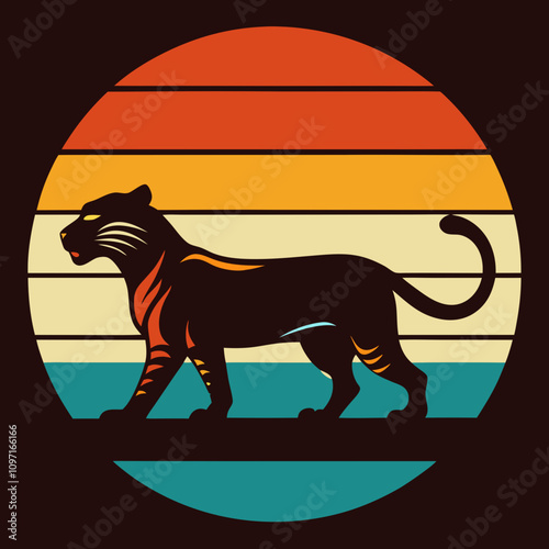 Retro Vector Artwork of a Tiger Silhouette Against a Colorful Sunset Background