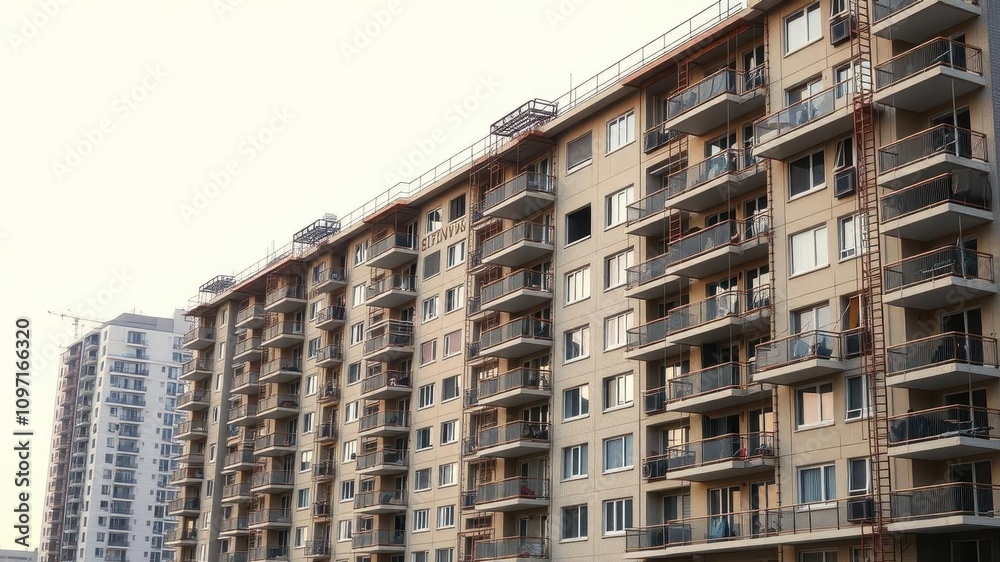 Modern apartment building with sleek design and efficient use of space, construction, design Modern apartment building with sleek design and efficient use of space, construction, design