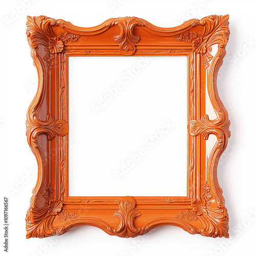 Orange baroque style picture frame with ornate floral details isolated on whi...