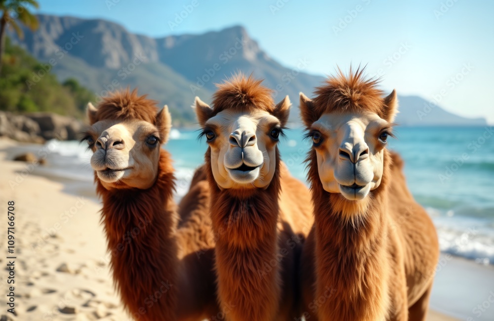Fototapeta premium Three camels gaze at camera on sunny beach. Ocean waves gently roll. Funny animals enjoy coastal scenery. Cute wildlife in summer. Happy camels on shore.