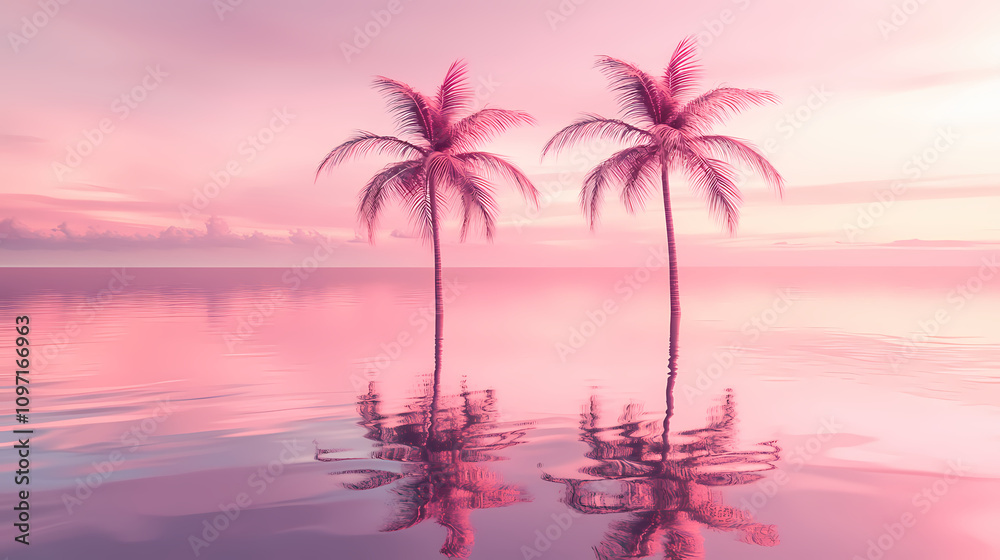 Naklejka premium Two pink palm trees over the sea. generative ai. Dreamlike Skyline Reflections. Illustration