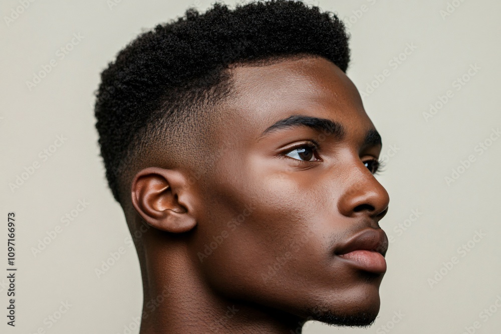 Profile portrait of a young black man showcasing a trendy box fade haircut, highlighting contemporary men's grooming Profile portrait of a young black man showcasing a trendy box fade haircut, highlighting contemporary men's grooming