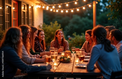 Friends gather for summer evening party. People enjoy BBQ dinner outdoors. Casual festive lighting illuminates garden. Relaxed happy group socializes. House party celebration. photo