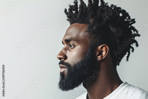 Profile of serious young black man with twists hairstyle and beard looking away on white background