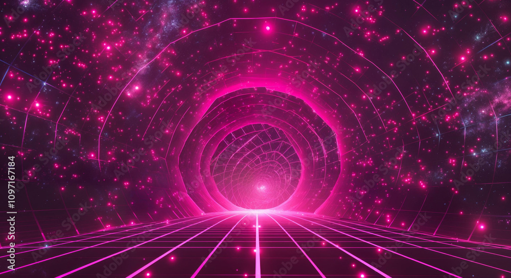Obraz premium Futuristic neon tunnel with cosmic grid and glowing stars
