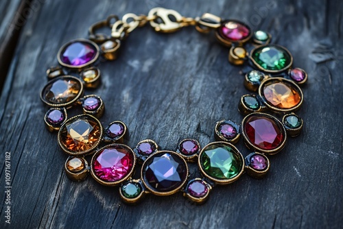 Vibrant gemstone necklace, featuring an array of colorful stones, rests on a dark, rustic wooden surface, creating a striking contrast photo