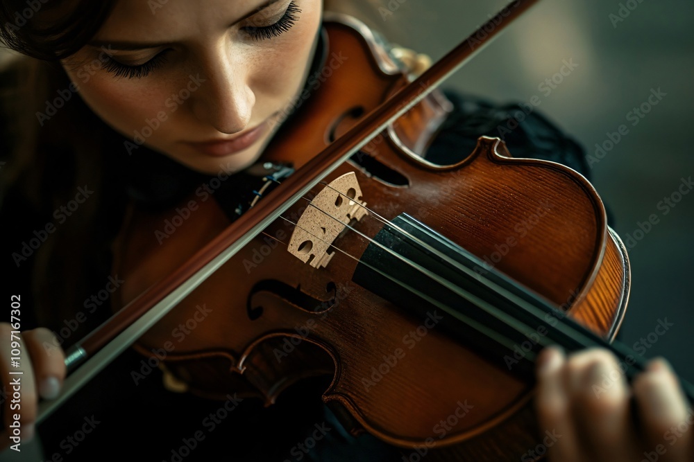 Close up of a young woman musician playing the violin with concentration and emotion Close up of a young woman musician playing the violin with concentration and emotion