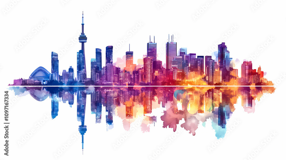 Colorful city skyline with reflections on white isolated background. Dreamlike Skyline Reflections. Illustration Colorful city skyline with reflections on white isolated background. Dreamlike Skyline Reflections. Illustration