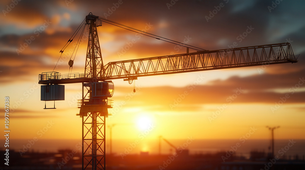 Construction crane against a vibrant sunrise illuminating the sky and cityscape with warm light Construction crane against a vibrant sunrise illuminating the sky and cityscape with warm light