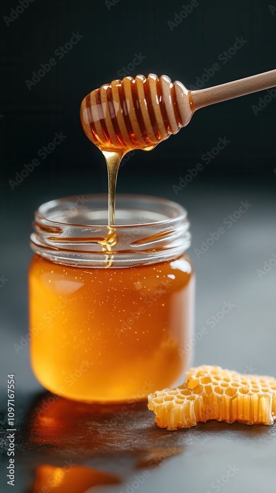 Delicious honey jar with dripping spoon and honeycomb on a dark background showcasing exquisite details and textures Delicious honey jar with dripping spoon and honeycomb on a dark background showcasing exquisite details and textures
