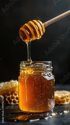 Honey jar with dripping golden syrup and honeycomb on black background in high-resolution studio setting