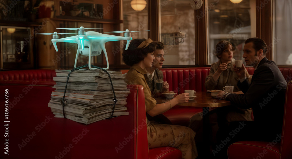 Naklejka premium Retro cafe gathering with futuristic drone delivering magazines