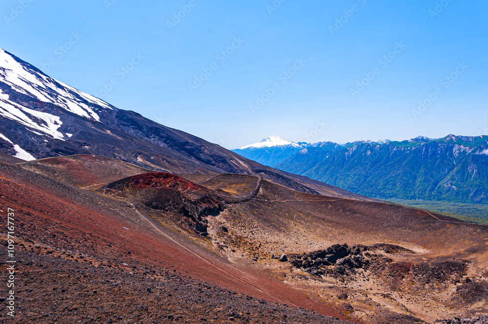 Fototapeta premium Volcano Osorno, Chile - December 6, 2019: Striking views of stratovolcano Osorno in the Southern Chile. Osorno is considered a symbol of the local landscape 