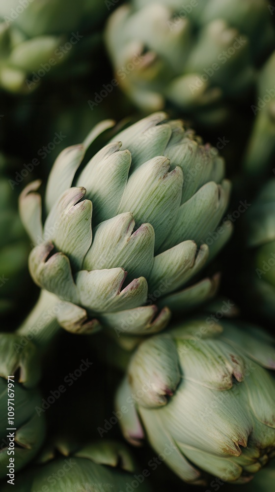 Fresh artichokes display vibrant colors and intricate patterns in a bustling market setting Fresh artichokes display vibrant colors and intricate patterns in a bustling market setting