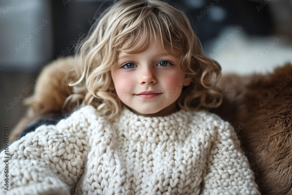 Smiling toddler with blonde curly hair wearing a chunky, white, hand knitted sweater, creating a cozy and heartwarming scene Smiling toddler with blonde curly hair wearing a chunky, white, hand knitted sweater, creating a cozy and heartwarming scene