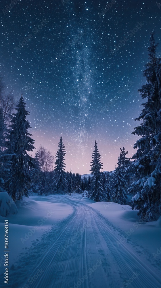 Fototapeta premium Starry sky illuminates snowy landscape with cross country ski track in tranquil winter setting