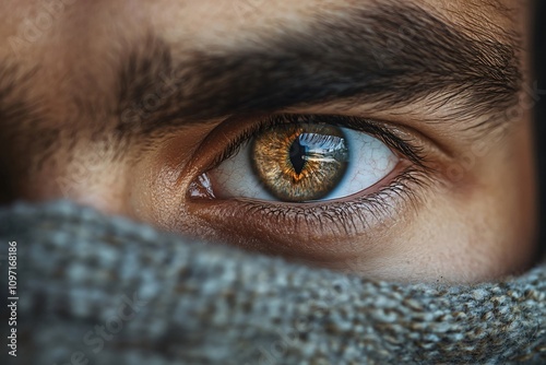 Close up of a man's intense cat like eyes staring from behind a knitted grey scarf photo