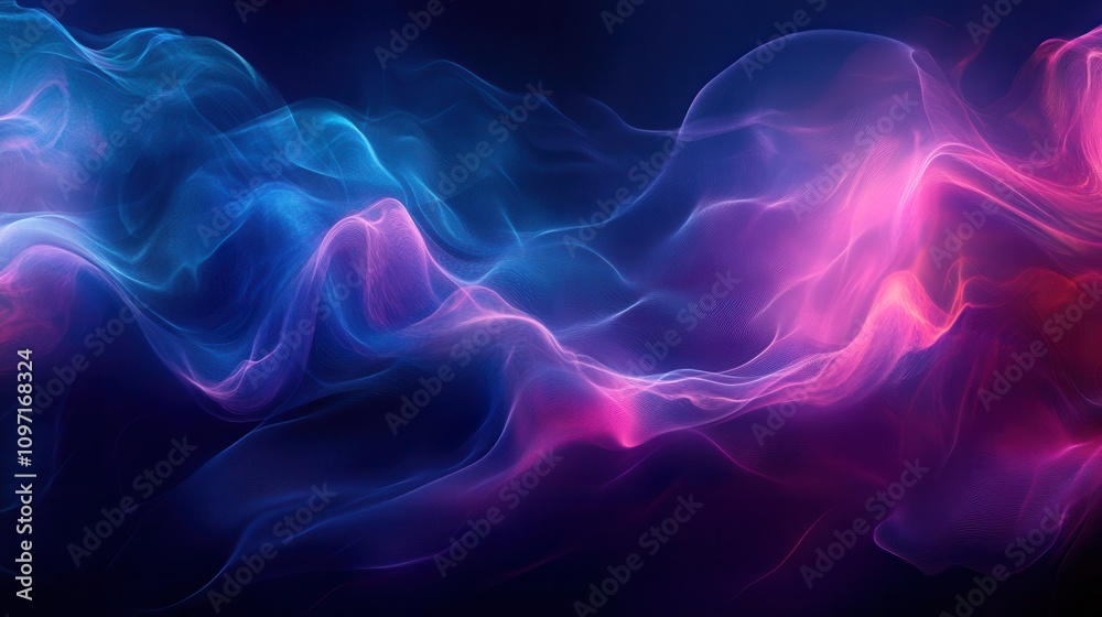 Sleek abstract design with dark blue and purple gradient and fluid motion creating a dreamy atmosphere, creative music waves background, banner