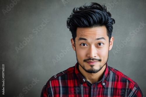 Headshot of smiling asian male model showcasing his trendy pompadour hairstyle and goatee beard against a gray backdrop