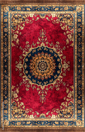 Persian Carpet with Red Medallion and Blue Border