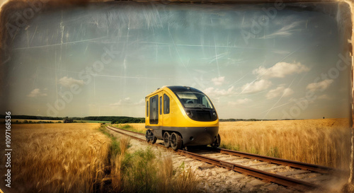 Wallpaper Mural Vintage yellow railcar on rural track amidst golden fields and blue sky Torontodigital.ca
