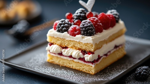 Delicious berry layer cake slice culinary delight home kitchen gourmet dessert close-up view food photography for celebrations