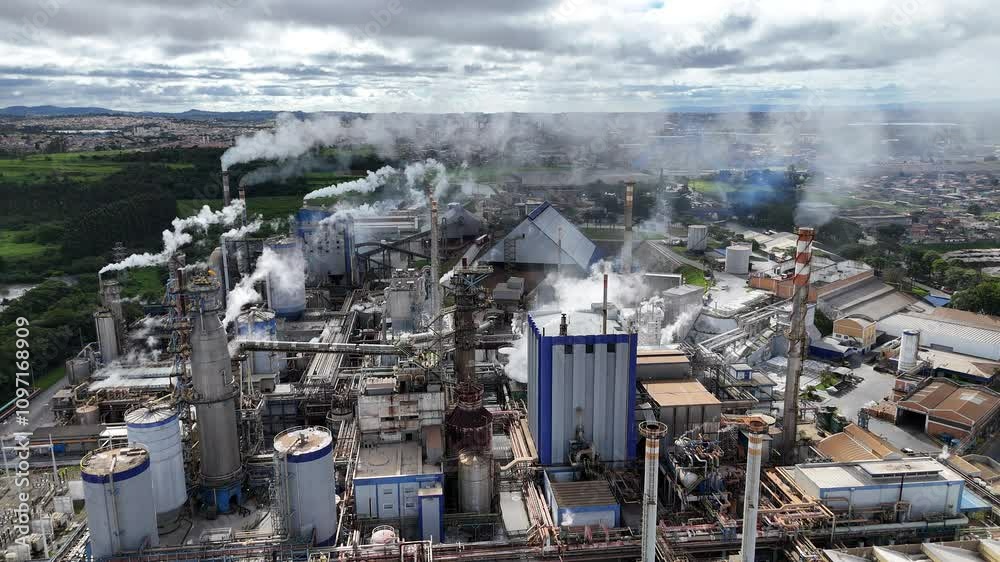 Vista aérea de uma indústria de papel e celulose Suzano, com destaque para galpões, áreas verdes ao redor e linhas de produção em operação sob céu limpo