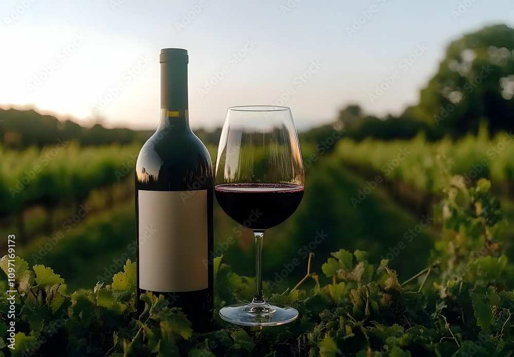 Red Wine Bottle and Glass Set Against Scenic Vineyard Background Red Wine Bottle and Glass Set Against Scenic Vineyard Background
