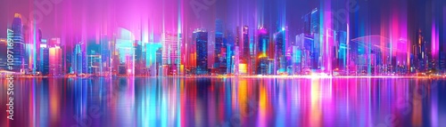 Wallpaper Mural Vibrant city lights reflected on water urban skyline digital artwork night view futuristic concept for exploration Torontodigital.ca