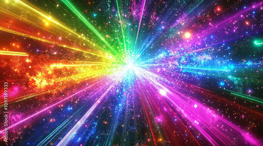 Fototapeta premium Vibrant explosion of color and light in a cosmic landscape filled with stars and radiant energy