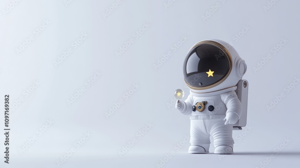 A small astronaut figure holding a glowing orb against a minimalist background. A small astronaut figure holding a glowing orb against a minimalist background.
