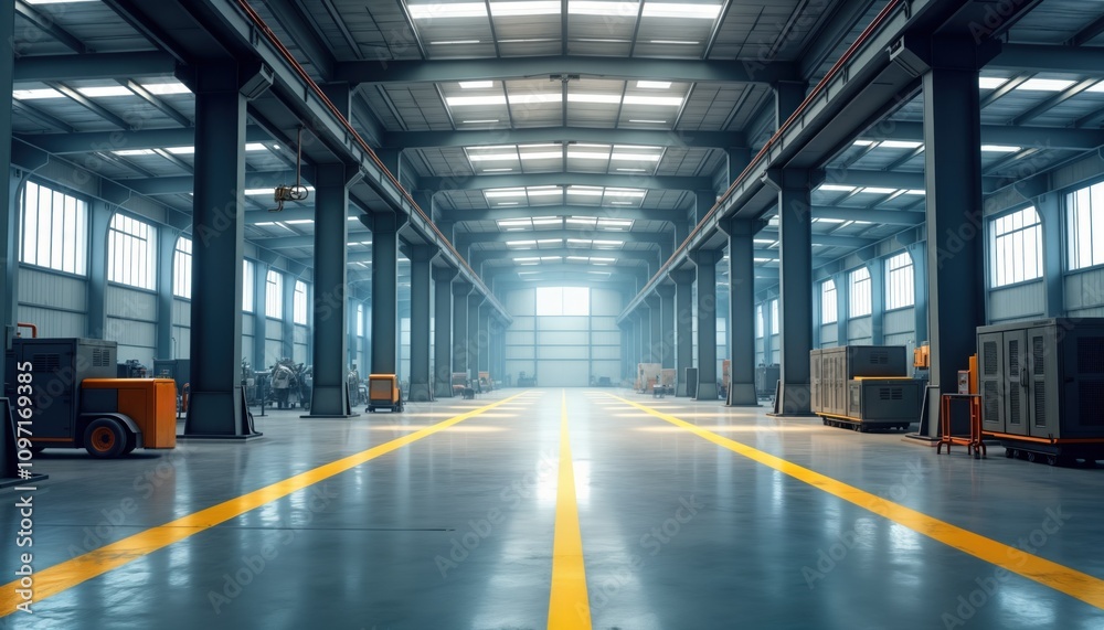 Empty industrial warehouse. Large factory hall. Clean spacious interior. Metal pillars. Bright lighting. Floor markings. Industrial equipment. Modern building. Production facility. Manufacturing Empty industrial warehouse. Large factory hall. Clean spacious interior. Metal pillars. Bright lighting. Floor markings. Industrial equipment. Modern building. Production facility. Manufacturing