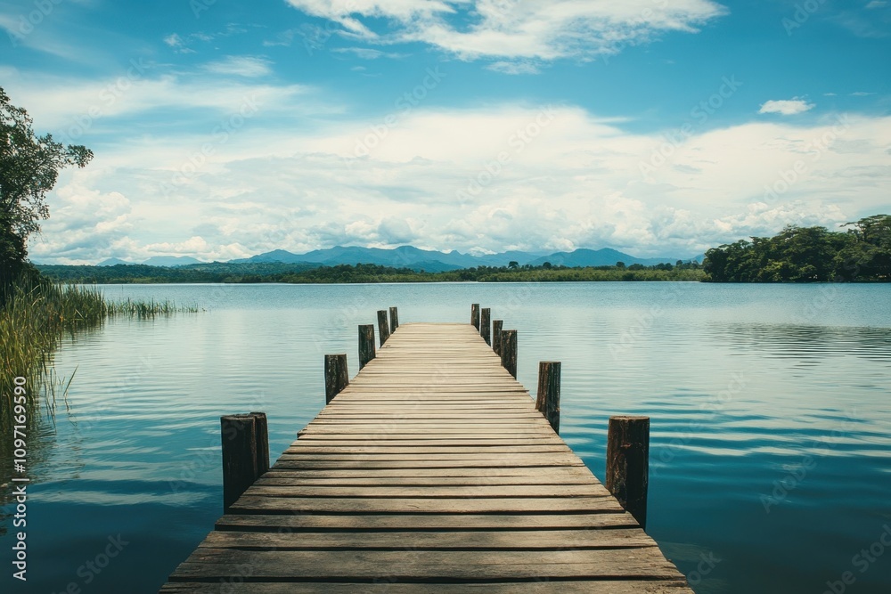 Naklejka premium Tranquil wooden pier extending into a serene lake under a bright blue sky