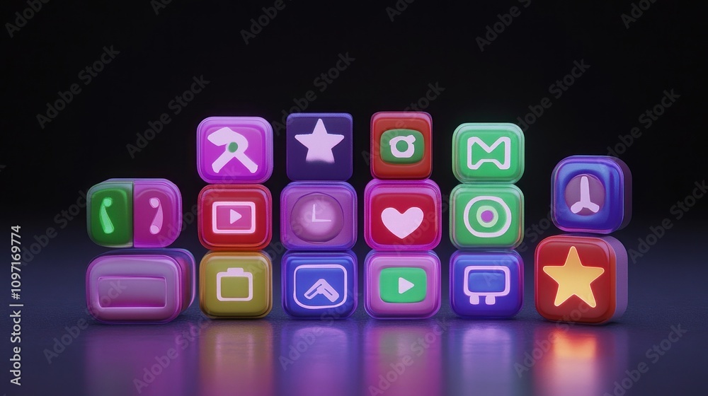 Glowing App Icons Arranged in a Colorful Grid Glowing App Icons Arranged in a Colorful Grid