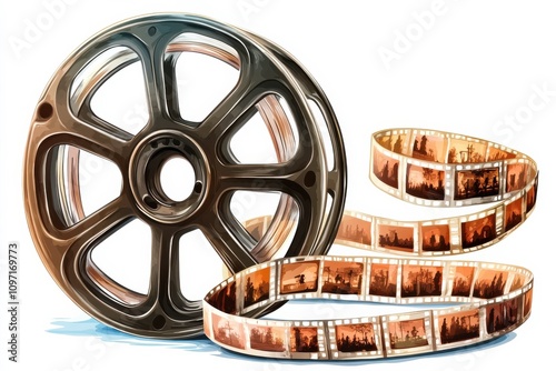 Vintage Film Reel and Strip of Photographs Capturing Nostalgic Moments in a Classic Cinematic Style, Perfect for Film and Photography Themes photo