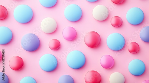 Colorful abstract composition with various spheres on a pastel pink background.