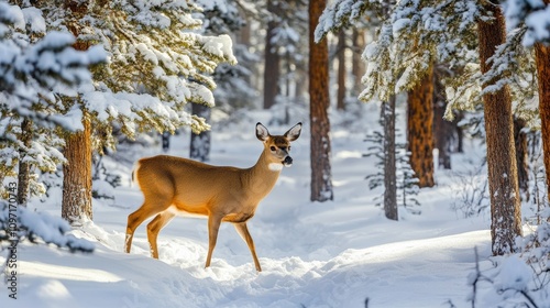 Wallpaper Mural A deer stands quietly in a snowy forest during a crisp winter afternoon Torontodigital.ca