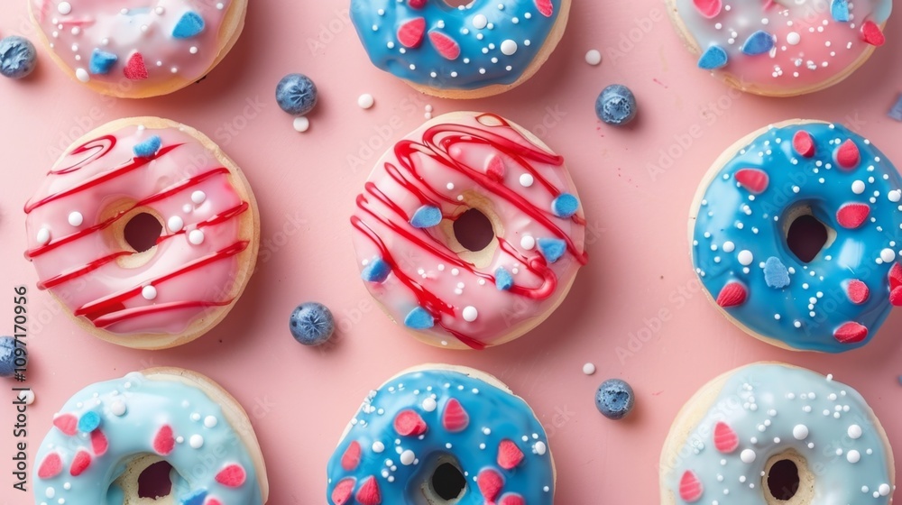 Festive Donuts with Red, White, and Blue Sprinkles on Marble Festive Donuts with Red, White, and Blue Sprinkles on Marble